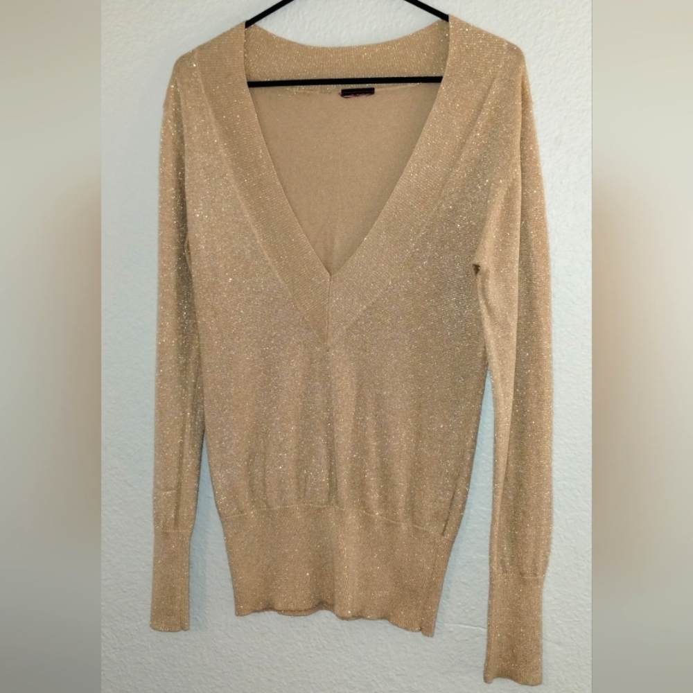 GOLD SHIMMERY LIGHTWEIGHT DEEP V-NECK SWEATER ~ SIZE M/L?